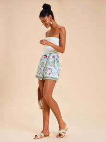 SHEIN TRVLCHIC 女士度假海洋生物印花不对称下摆系带腰裙裤 - 彩色 - 查看 6