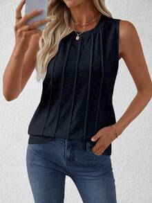 EMERY ROSE Áo tank top nữ cổ tròn không tay, chất liệu vải dệt họa tiết, thích hợp mặc mùa xuân/hè. - Màu xanh lam - Xem 5