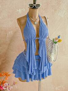 Soleia Plus Size New Light Blue Summer Boho Beach Holiday Knit Textured Halter Neck Asymmetric Hem Top + Low Waist Layered Ruffle Hem Skirt 2 Piece Set - Blue - View 5