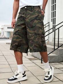 GALLERY FADE 男士休闲街头风多口袋做旧迷彩牛仔短裤 - 軍綠色 - 查看 6