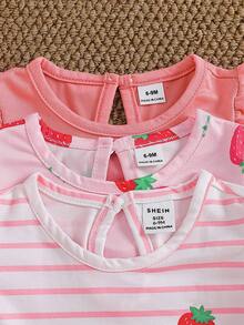 SHEIN Gentle Purple Stripe, 3D Bow Pattern, Young Girl Casual Simple Versatile Round Neck Cap Sleeve T-Shirt 1pc Suitable For Spring/Summer Daily Wear, - Multicolor - View 7