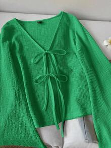 SHEIN LUNE Áo nữ dáng rộng màu trơn, thắt nơ phía trước, tay loe, thích hợp đi nghỉ mát, đi học, làm giáo viên, đi chơi, đi học ở sân bay, phong cách cổ điển, áo nữ tay dài, màu vàng bơ, trang phục nghỉ dưỡng, áo nữ mùa thu thắt nơ phía trước, áo vàng, áo kiểu vàng, áo vàng dễ thương, áo vàng thắt nơ phía trước, áo vàng cổ chữ V, áo sơ mi vàng, áo tay dài màu vàng, phong cách thường ngày. - màu xanh lá - Xem 5