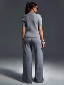 SHEIN Ribbed Knit Mock Neck Sleeveless Top & Wide Leg Pants Co-Ord Set – Minimal Stretch Lounge Matching Set - Grey - View 2