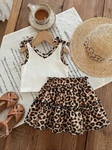 SHEIN LMoss Kids LMoss 女婴针织纯色吊带背心 + 印花雪纺迷你裙两件套 - 彩色 - 查看 5