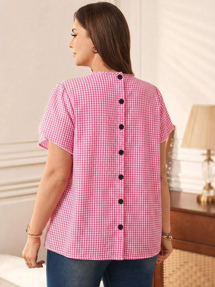 Plus Size Women's Casual Black & White Plaid Short Sleeve Shirt With Button Decor, Spring/Summer