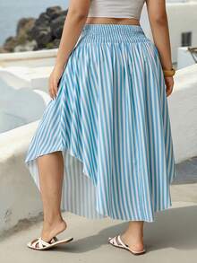 Parysyn Plus Size Women's Black And White Smocked Waist Drawstring Asymmetrical Handkerchief Hem Maxi Skirt Autumn Boho Bohemian Beach Vacation - Blue - View 2