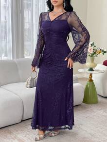 Modelyn Women's Solid Color V-Neck Lace Patchwork Fitted Elegant Long Sleeve Mini Dress - Purple - View 7