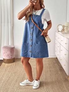 SHEIN CURVE+ 大码女式休闲单排扣双口袋牛仔背带裙 - 藍色 - 查看 4