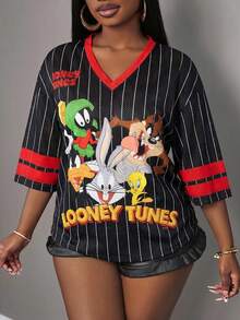 Slaydiva LOONEY TUNES X SHEIN Áo thun lưới cổ chữ V dáng thường ngày dành cho nữ - Nhiều màu - Xem 5