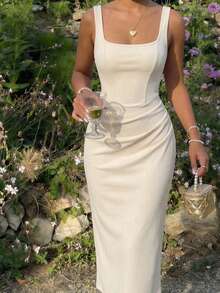 SHEIN MOD 女士纯色褶皱圆领修身中长连衣裙，无袖，夏季连衣裙，女士节日服装，优雅派对连衣裙，婚礼宾客礼服，毕业礼服，度假连衣裙，女士办公着装，正式礼服，女士优雅方领无袖中长连衣裙，带褶皱细节，适合正式场合，中长修身连衣裙，复古，怀旧，乡村音乐会服装，浪漫，生日礼服，复古连衣裙，法式连衣裙，下午茶，浪漫，田园风 - 杏色 - 查看 2