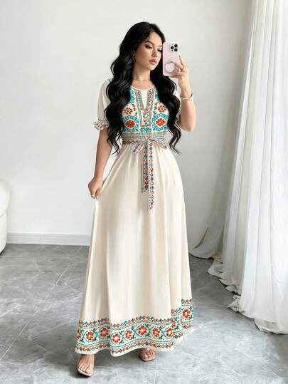 Modelyn 菱形印花连衣裙，女士时尚圆领短泡泡袖设计，配腰带，中长连衣裙，夏季休闲长裙，几何图案浅杏色连衣裙