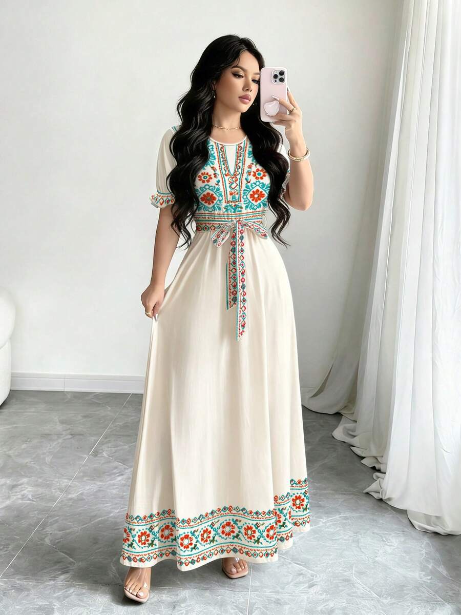 Modelyn 菱形印花连衣裙，女士时尚圆领短泡泡袖设计，配腰带，中长连衣裙，夏季休闲长裙，几何图案浅杏色连衣裙 - 彩色 - 查看 1