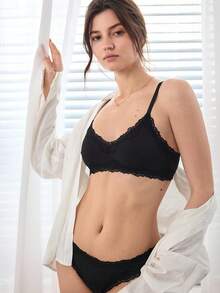 Ocili 100%纯棉舒适简约光滑蕾丝边女士内裤 - 黑色 - 查看 2