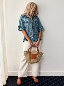 Breezaya Áo khoác denim nữ một hàng cúc, rách tua rua, kiểu dáng thường ngày, đa năng. - Màu xanh lam - Xem 1