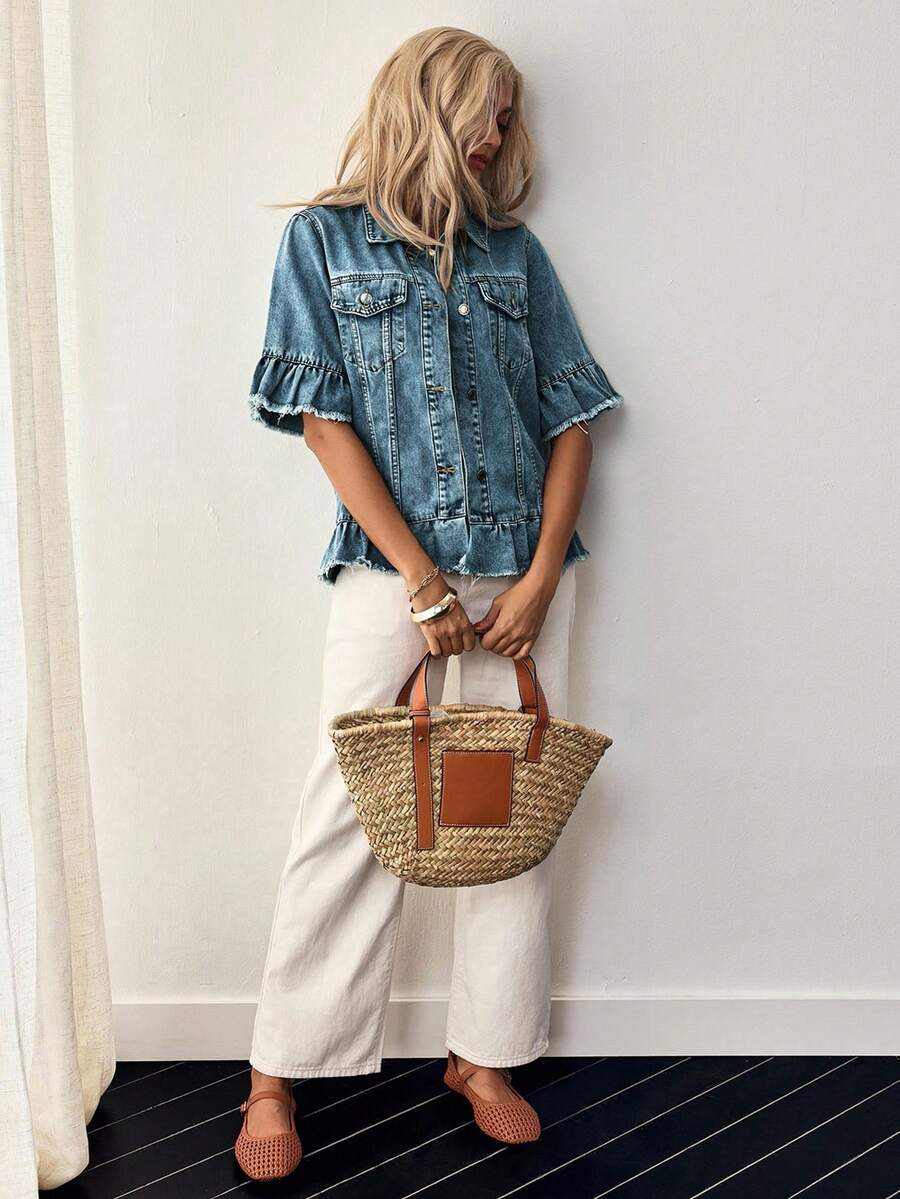 Breezaya Áo khoác denim nữ một hàng cúc, rách tua rua, kiểu dáng thường ngày, đa năng. - Màu xanh lam - Xem 1
