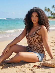 Dazy Plus Leopard Print Sexy Ruffle Hem Asymmetrical Hem Vacation Style Plus Size Women Spring/Summer Camisole And Tank Top - Brown - View 12