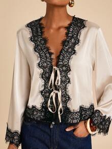 Travachic 撞色蕾丝缎面系带优雅衬衫，缎面蕾丝边衬衫，夏季服装，女士度假服装，春夏优雅休闲装扮，春夏奶油色衬衫，蕾丝衬衫 - 杏色 - 查看 3