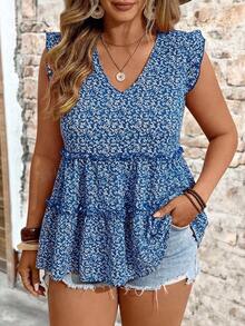 EMERY ROSE Blusa elegante de talla grande con tejido floral, cuello en V, mangas volantes y ribete de volantes, adecuada para vacaciones, exteriores, uso diario, primavera/verano - Azul - Ver 1