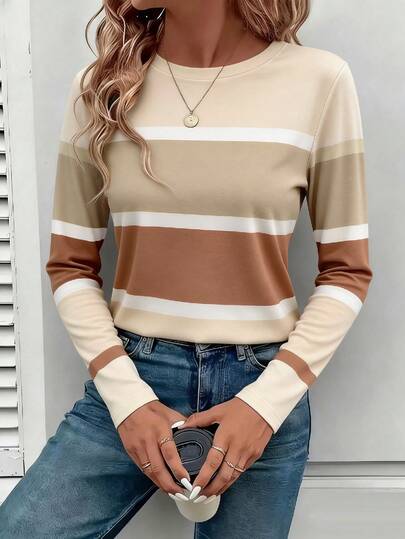 EMERY ROSE Camiseta de Manga Longa Feminina, Top Estampada com Listras Maduras, Design de Padrão Clássico, Vestuário Casual Versátil para Uso Externo, Outono