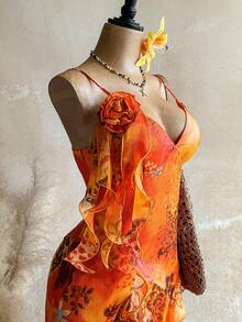 Soleia Plus Size Vintage Bohemian Animal Print Orange Jellyfish Ruffle Trim Shiny Chiffon Dress Beach Vacation Summer - Multicolor - View 5