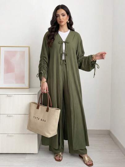 Veilorie 女士纯色抽绳长袖长衬衫和长裤两件套