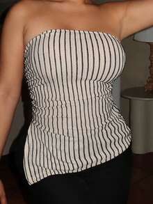 女士纹理条纹抹胸上衣 - 杏色 - 查看 6