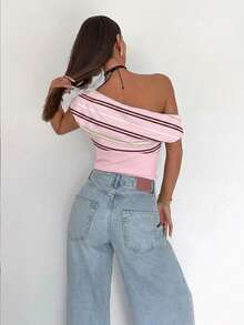 Siren Gaze Áo croptop nữ kiểu dáng thanh lịch, cổ lệch, xếp ly, thích hợp cho mùa hè, mặc hàng ngày, áo sơ mi kẻ sọc, trang phục mùa hè cho nữ. - Nhiều màu - Xem 2