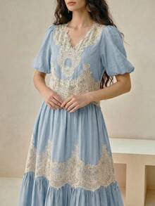 Anewsta Vintage Boho Light Blue V-Neck Puff Sleeve + Lace Patchwork Flared Skirt Vacation Style 2 Pieces Set Brunch Vacation Fall/Summer - Blue - View 3
