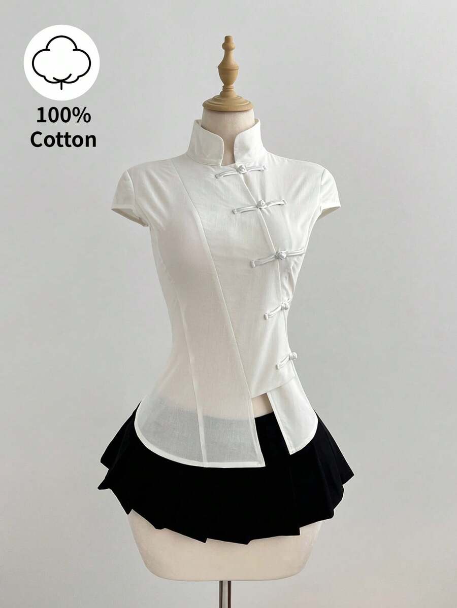 Flirla White,Summer,Elegant,Tea Party,100% Cotton Mandarin Collar Short Sleeve Fitted Side Slit Shirt,New Chinese Style Retro Chic Campus Casual Versatile - White - View 1