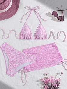 Swim Mod Bộ bikini 3 món gợi cảm họa tiết da báo dành cho nữ, kiểu cổ yếm, cúp ngực tam giác, chất liệu lưới, kèm váy đi biển, áo tankini và váy bơi. - Màu Hồng baby - Xem 2
