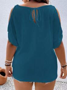 Vionelle Camiseta casual de manga corta con hombros descubiertos y unicolor talla grande - Agua verde azul - Ver 2