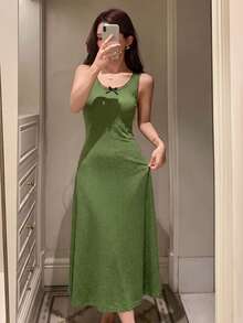 DAZY 甜美碎花無袖收腰長款綠色洋裝，女款夏季睡裙睡衣 - 綠色 - 查看 3