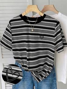 Teen Girls' Casual Versatile Sweet Pink Striped + Heart Embroidery Graphic Round Neck Regular T-Shirt - Black - View 3