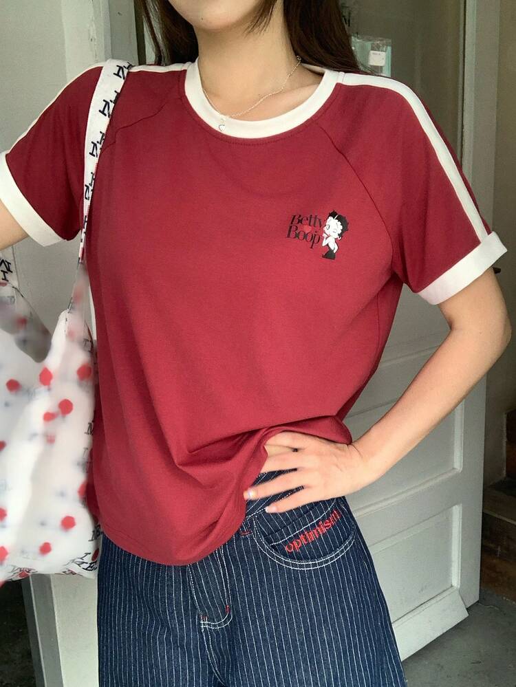 Women's Casual Everyday Commute Fashion Cartoon Letter Print Contrast Trim Loose Short Sleeve T-Shirt, Summer