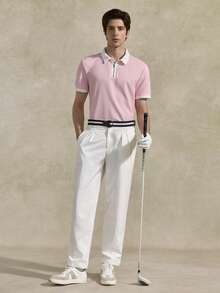 Courvante Men Quarter Zip Contrast Collar Tee, Short Sleeve Light Pink, For Golf Tennis, Business Commute & Boyfriend - Baby Pink - View 7