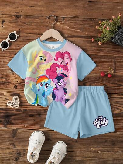 My Little Pony X SHEIN Bộ áo thun ngắn tay và quần short in hình hoạt hình dành cho bé gái.