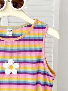 SHEIN Tween Girls Fashionable Cute Casual Colorful Striped Knit Decorated Sleeveless Tank Top - Multicolor - View 3