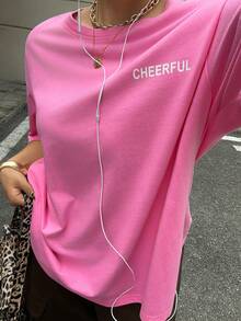 Dazy Plus Loose Fit Letter Print Round Neck Pink Short Sleeve Casual Plus Size T-Shirt, Street Style For Spring/Summer - Hot Pink - View 3