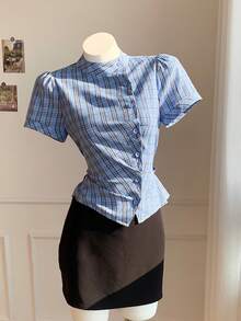 Comfortcana 春夏新款女式格子宽松短袖收腰衬衫，适合音乐节、酷炫、街头、复古、Y2K、休闲和校园风格。 - 藍色 - 查看 6