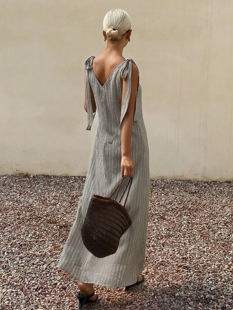 Striped Loose V-Neck Sleeveless Dress With Sash, Elegant Summer Holiday Dress For Women Sun Dresses For Women Vacation Outfits Women