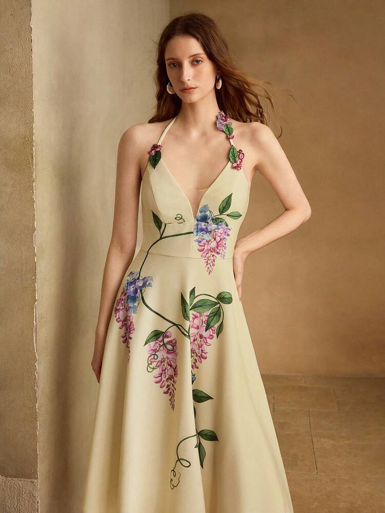 ELEGANT ELASTIC COMFORTABLE PRINTED & EMBROIDERED DRESS, SPRING/SUMMER