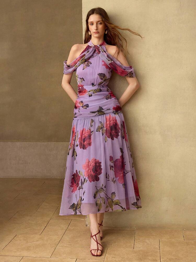 WOMEN'S FLORAL PRINT RUCHED HALTER ELEGANT DATE LONG DRESS, SPRING/SUMMER
