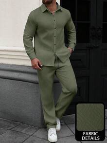 Manfinity Homme Men's Casual Textured Button-Front Long Sleeve Shirt And Pants Set - Army Green - View 1
