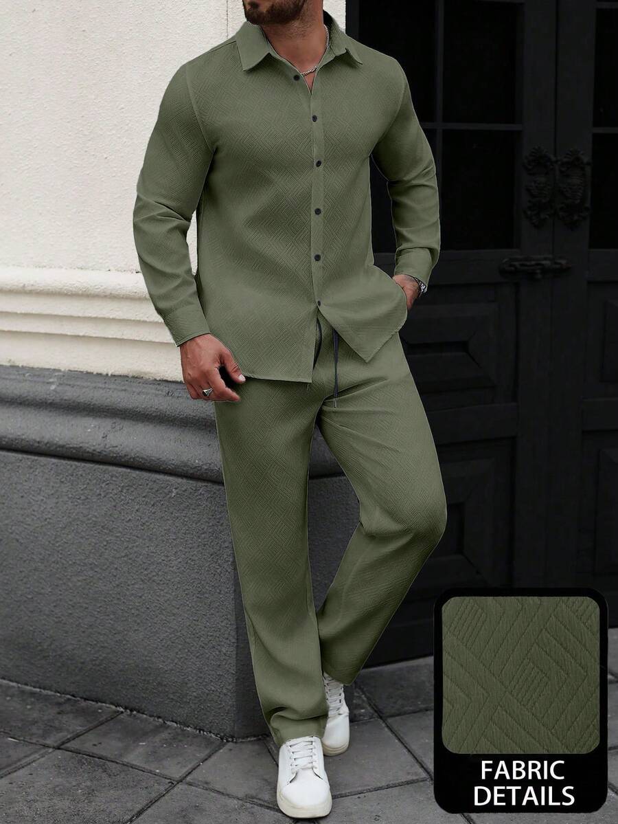 Manfinity Homme Men's Casual Textured Button-Front Long Sleeve Shirt And Pants Set - Army Green - View 1