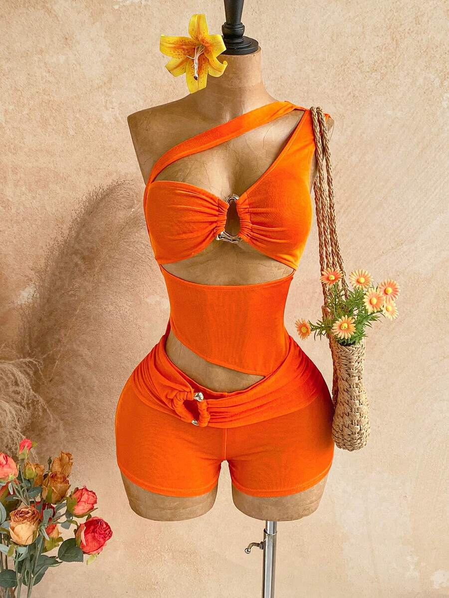 SHEIN WYWH 女士时尚百搭镂空无袖金属扣连体裤，适合度假 - 橘色 - 查看 1