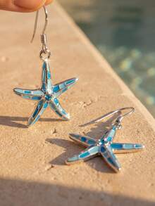 SHEIN Swim 1 Pair Beach Vacation Style Blue Starfish Crystal Decorated Pendant Earrings For Women, Versatile Daily Wear And Gift - Blue - View 12