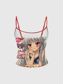 ROMWE Anime Vintage Cartoon Cute Girl Retro Diary Contrast Color Camisole Tank Top For Women - Khaki - View 2