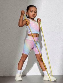 SHEIN Young Girl' Knitted Leopard Print Crop Top And Shorts 2 Pieces Sportswear Cute Set Gym Pink And Yellow Summer - Multicolor - View 6