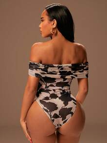 Radiana Body de mujer sexy y elegante con estampado floral de malla negra y hombros descubiertos, adecuado para salidas diarias, citas, reuniones, viajes al trabajo, noches de cita, una prenda versátil para primavera - Multicolor - Ver 4