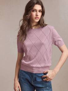 BizChic Top de punto de manga corta de unicolor versátil y casual - Morado - Ver 4